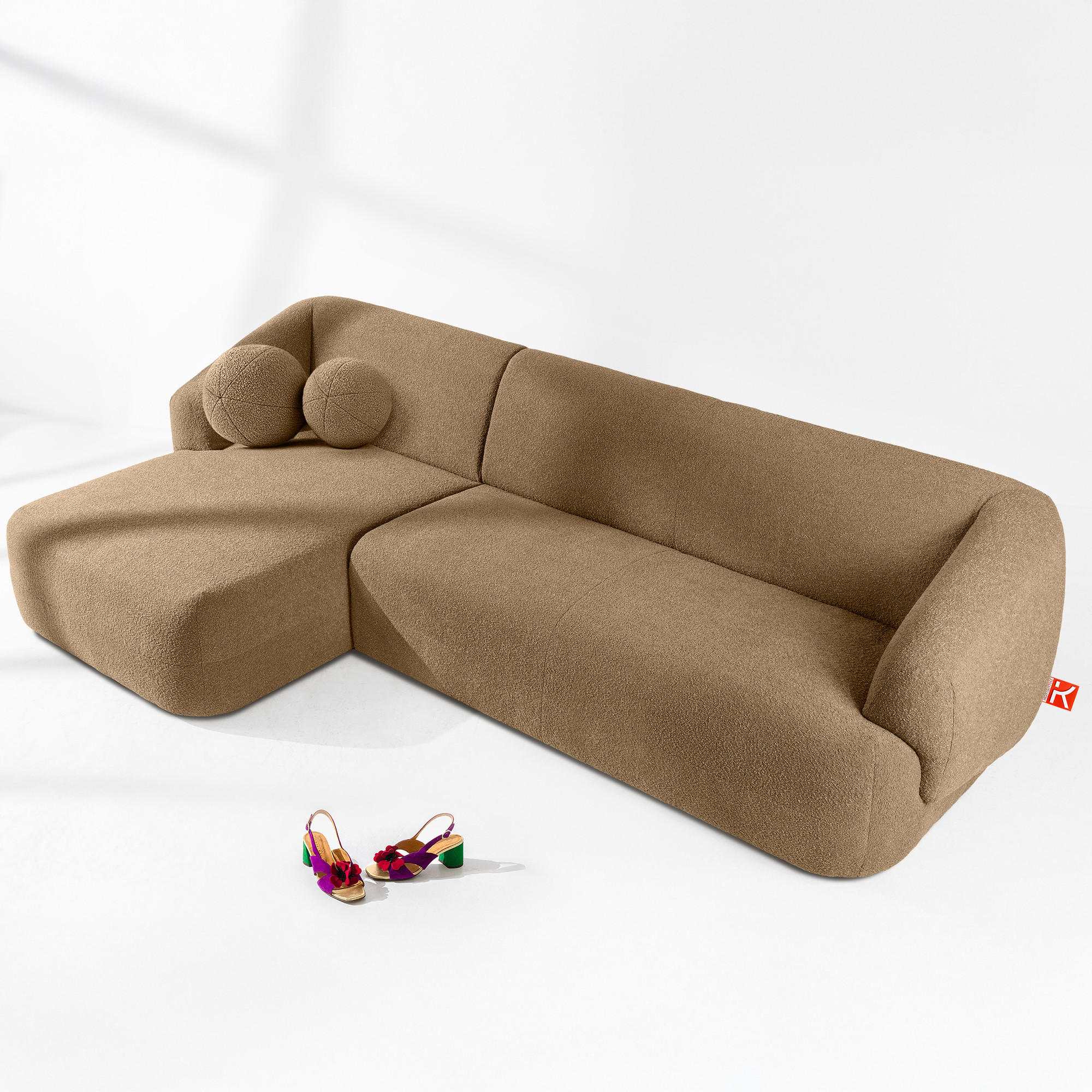 ECKSOFA LINKS VIRA, Dunkelbeige, Bouclé - Schwarz/Braun, Holz/Holzwerkstoff (300/160cm) - KONSIMO®