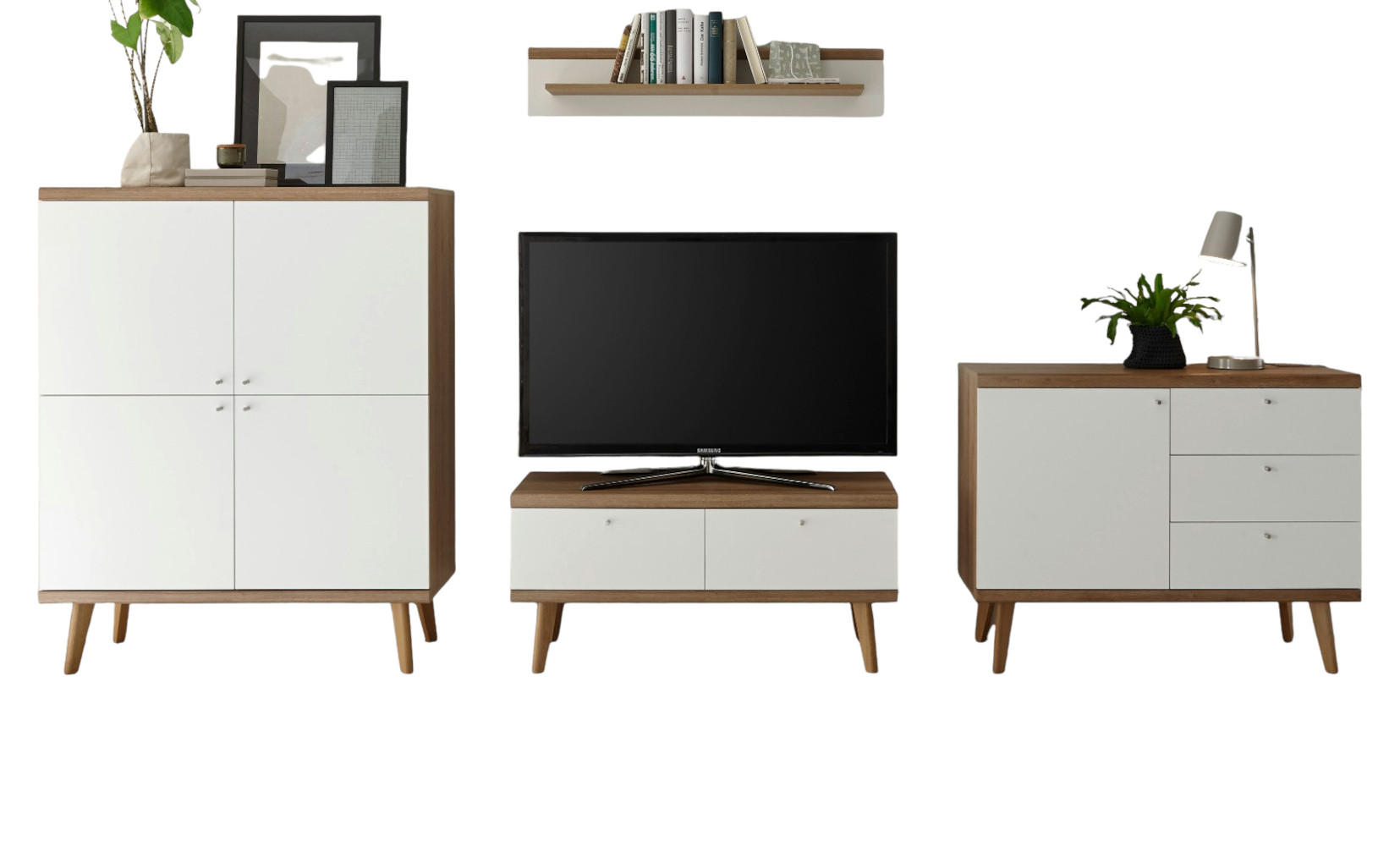 WOHNWAND weiß Eiche Riviera, Schrankwand skandinavisch 4-teilig 341 x 160 cm - Eichefarben/Weiß, Holzwerkstoff/Metall (341/160/40cm) - Furn.Design