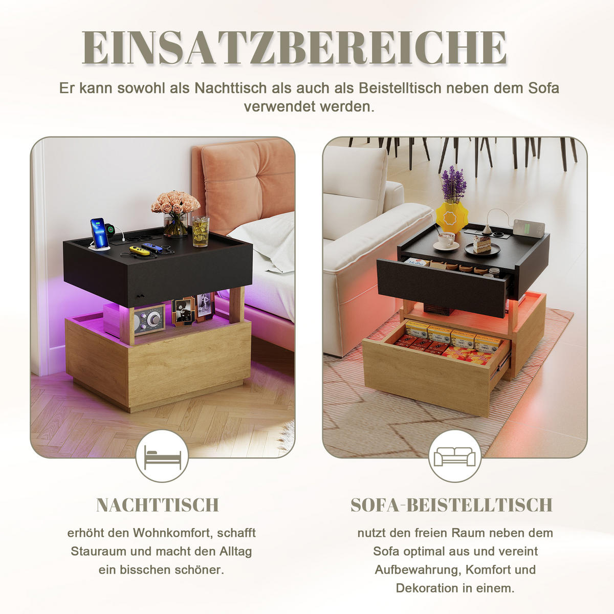 NACHTTISCH mit LED, Nachtkonsole mit Steckdose und USB, 50x40x50 cm - Schwarz, Holzwerkstoff (50/50/40cm) - LVHOM