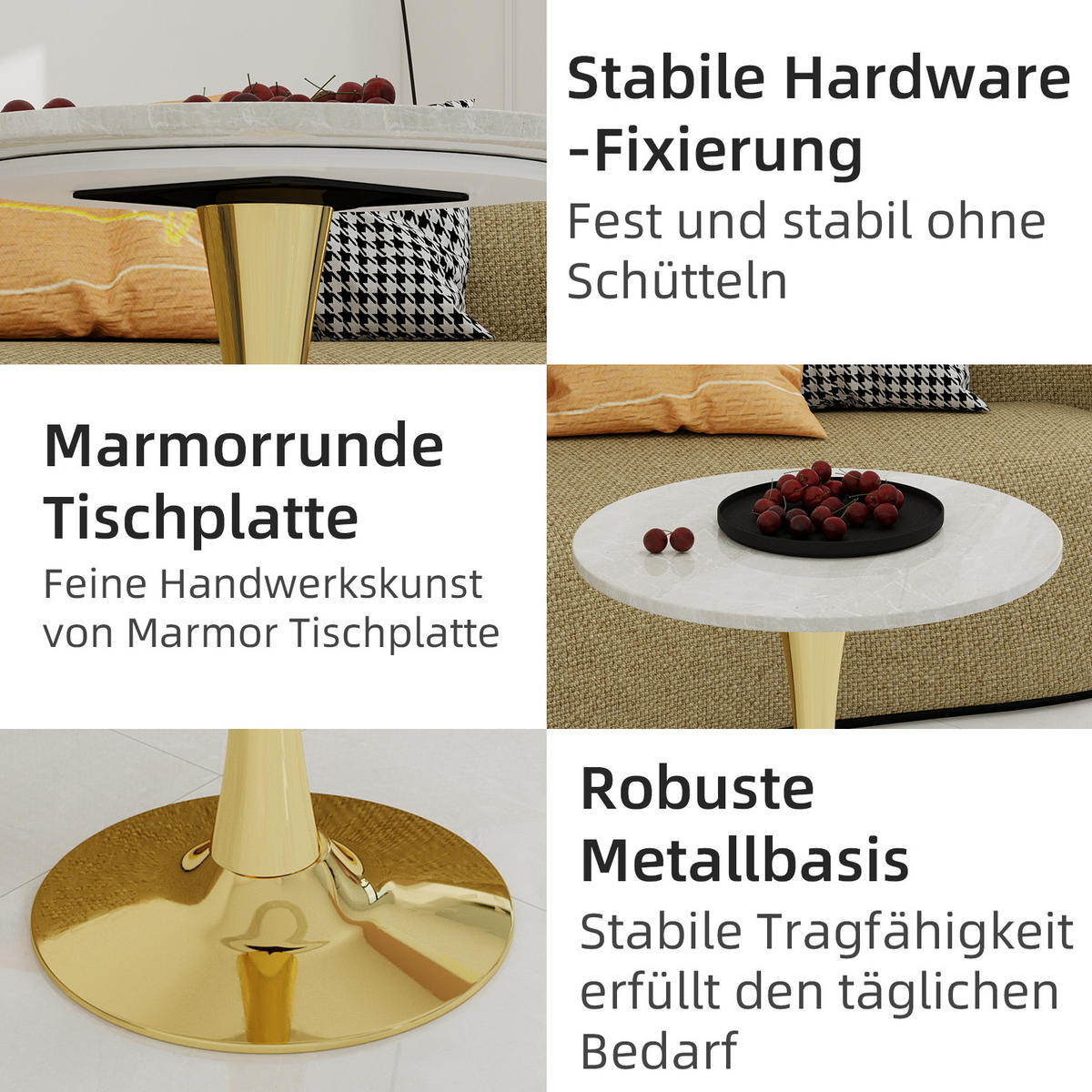 COUCHTISCH 70/70/72 cm Gold Weiß mit runder Kunstmarmorplatte im Minimal-Design - Goldfarben, Stein (70/70/72cm) - OKWISH