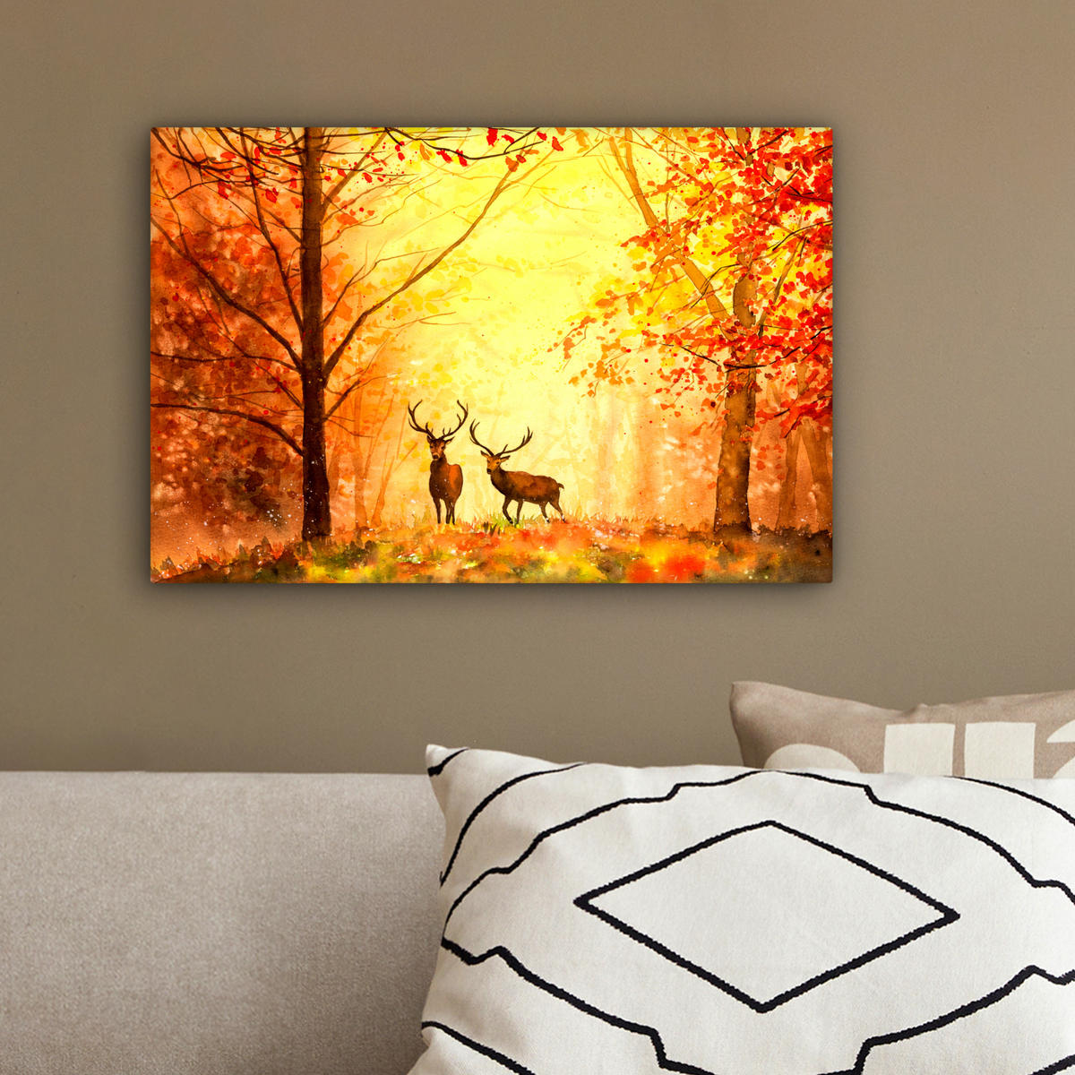 LEINWANDBILD Natur - Ölfarbe - Hirsche - Tiere - Herbst - Orange 30x20 cm - Orange, Textil (30/20cm) - MuchoWow