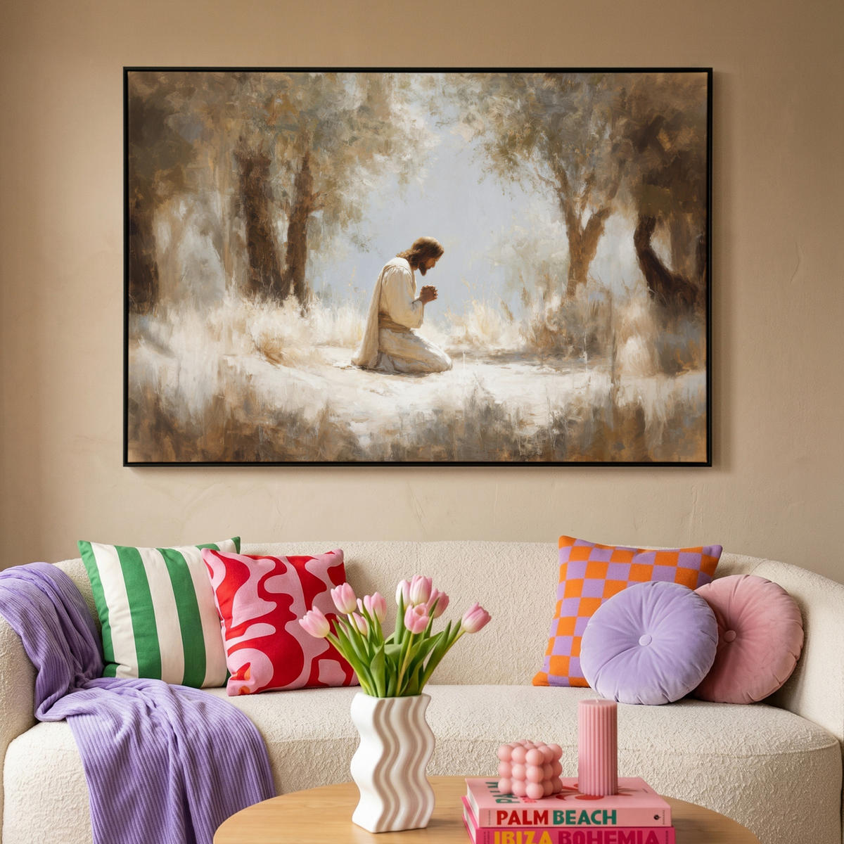 LEINWAND Bilder mit Rahmen - Jesus - Kniend - Waldlandschaft - Betend - 120x80 - Beige, Textil (120/80cm) - MuchoWow