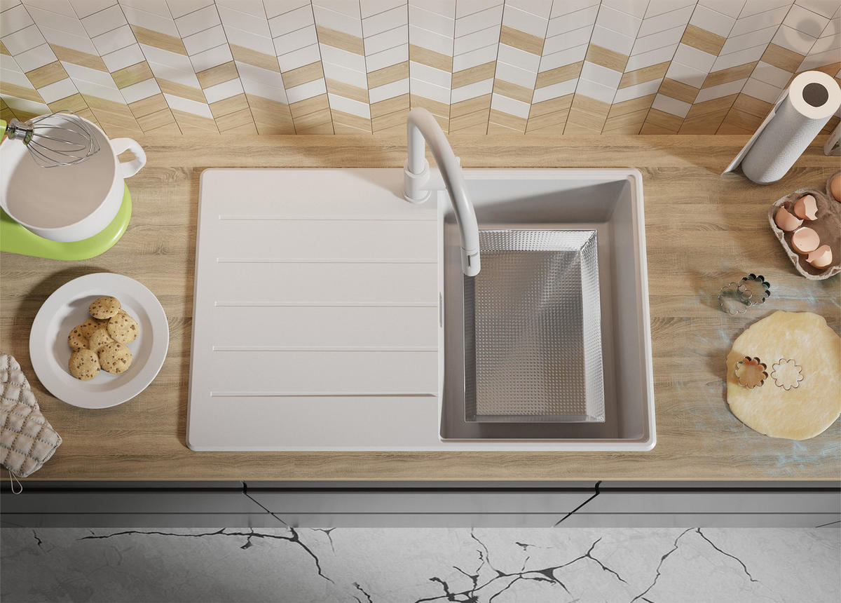 SPÜLBECKEN Kopenhagen, 2-er set Weiß 78/50 cm 1 Becken + Ablauf-Set + Schneidebrett ab 45er Unterschrank - Chromfarben/Beige, Kunststoff (78/20/50cm) - Primagran