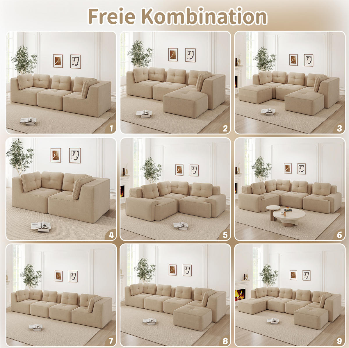 SOFA in Beige aus Cord mit modularem Design und rutschfestem Stand - Beige, Textil (104/69/386cm) - Flora Grace