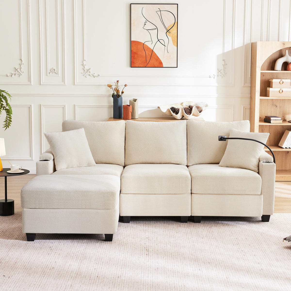 SOFA L-Form 3-Sitzer mit Hocker USB 213,5 x 139 cm Cord Beige - Beige, Textil (213.5/139cm) - IVMEU