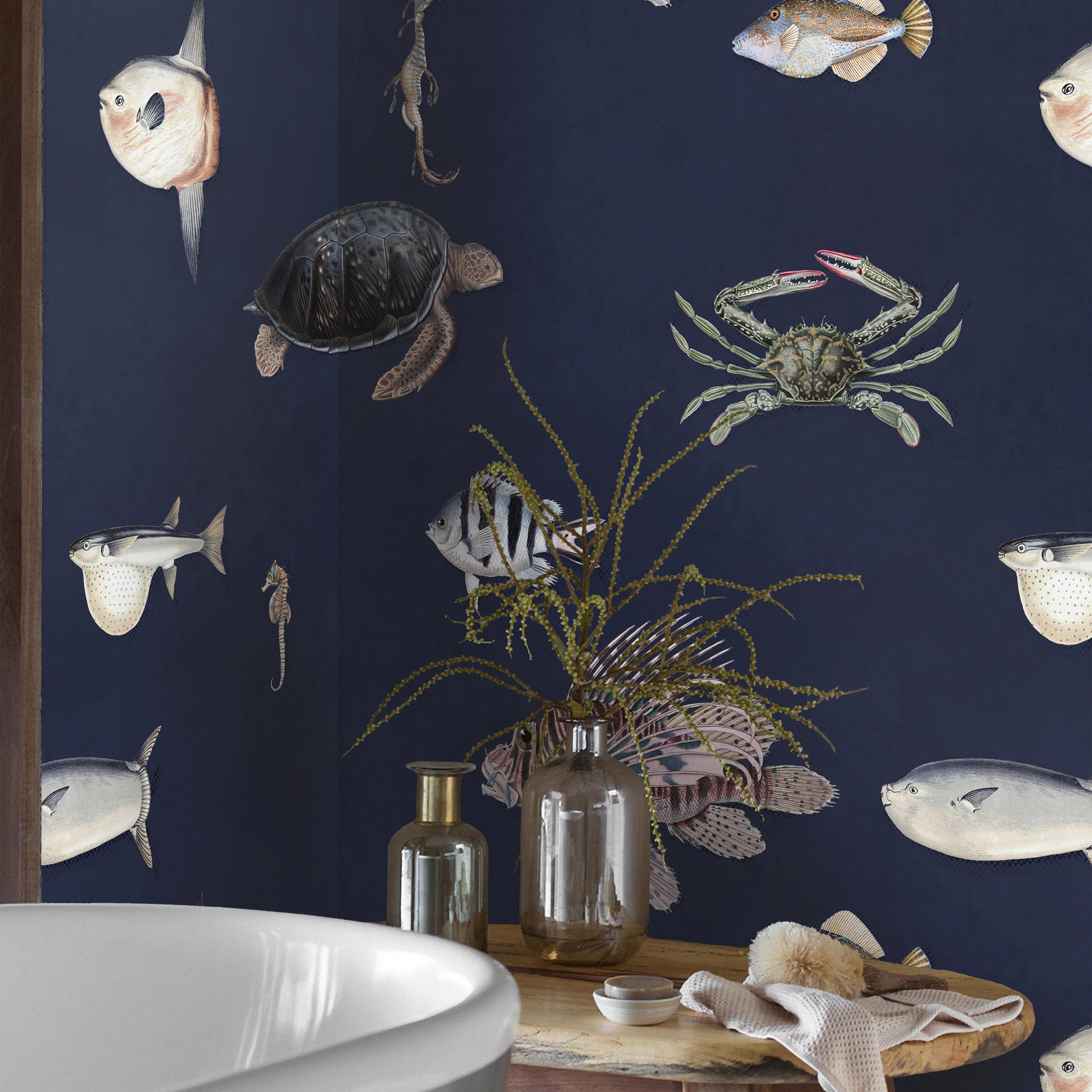 TAPETE Fische aus echtem Papier, 200x280cm, 8 Bögen - Dunkelblau, Papier (200/280cm) - WALLPAPERS4BEGINNERS
