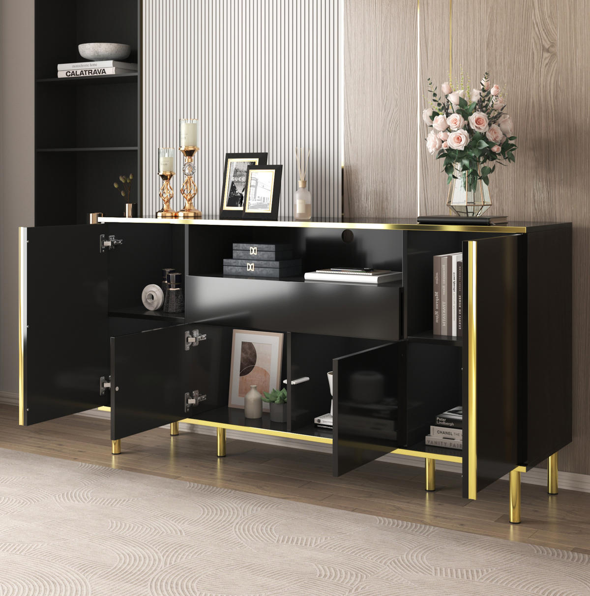 SIDEBOARD 150/40/80 cm z MDF a dřevotřísky černý vysoký lesk s LED osvětlením - černá, kompozitní dřevo (150/80/40cm) - Modenvie