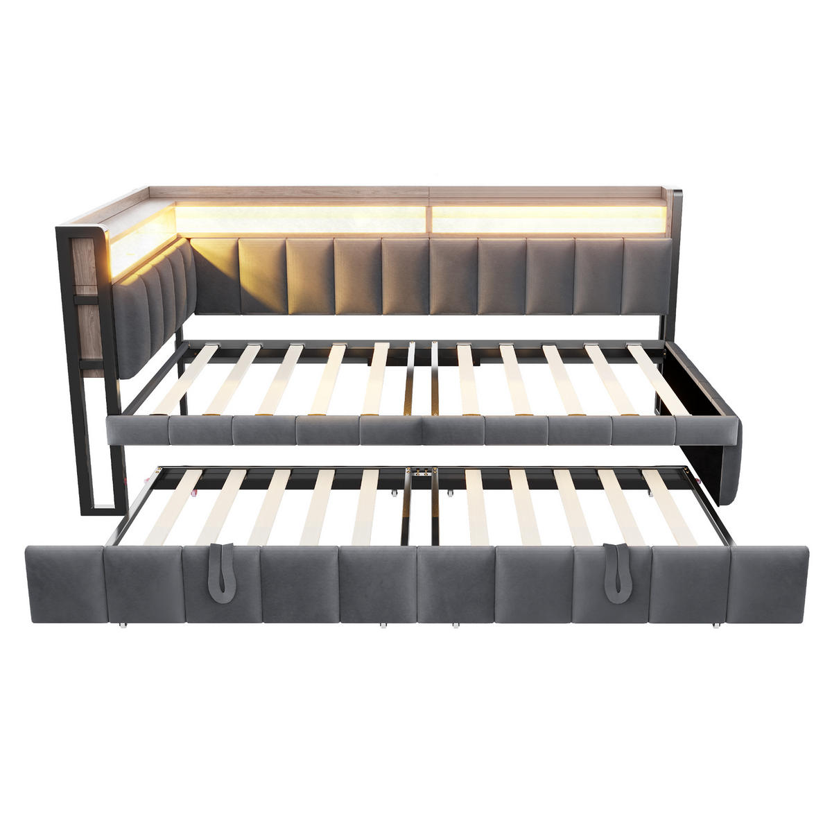 POLSTERBETT 90x200 Dunkelgrau Samt LED USB - Grau, Textil (90/200cm) - FLIEKS