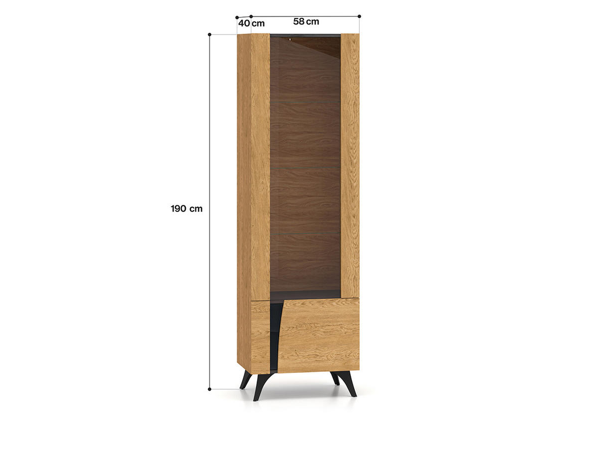 VITRINE Toscania Eiche / Schwarz 58 / 40 / 190cm - Eichefarben/Schwarz, Holz/Holzwerkstoff (58/190/40cm) - Feldmann-Wohnen