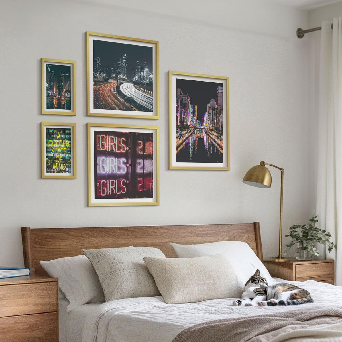 BILDER SET 5er Set - 50x50 cm & 20x30 cm & 40x60 cm Goldrahmen - Neonreklamen in der Stadt bei Nacht - Goldfarben, Kunststoff (40/60cm) - TULUP