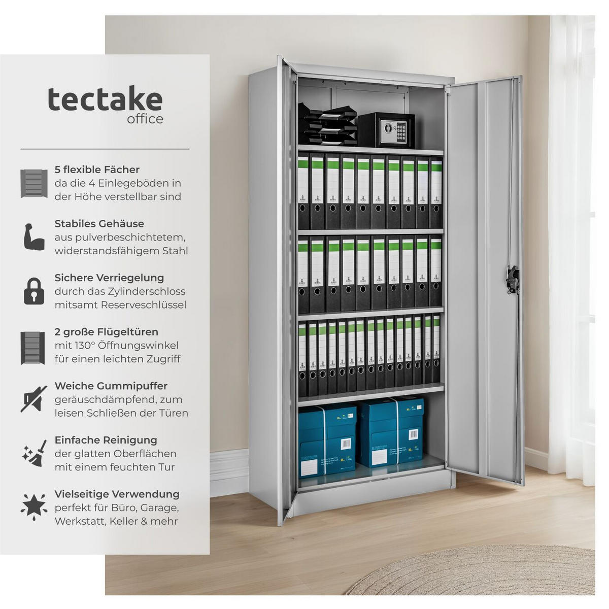 AKTENSCHRANK Blain,180 x 80 x 40 cm,grau - Grau, Metall (40/180/80cm) - tectake