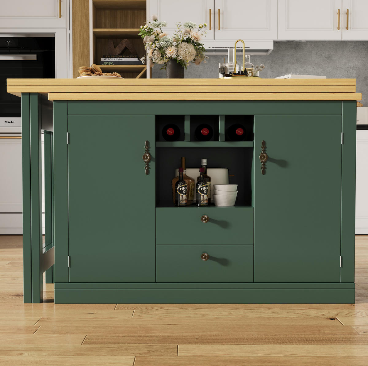 BARTISCH 120-180/40/76 cm aus MDF, ausziehbar, drehbar mit Stauraum, Antikgrün - Dunkelgrün, Holzwerkstoff (40/180/76cm) - Redom