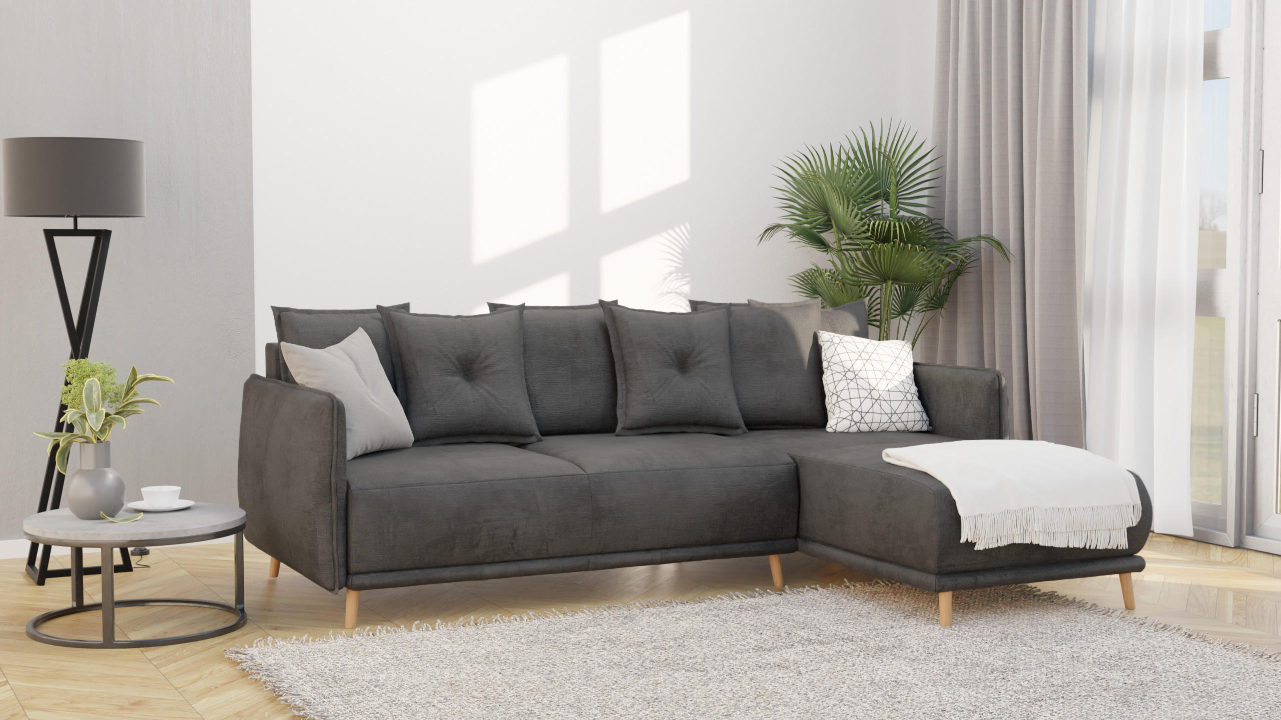 Thumbnail - S-Style Möbel Ecksofa, Graphit, Textil, Echtholz,Buche, Birke, 4-Sitzer, Füllung: Polyetherschaumkern, L-Form, Eckteil, ...