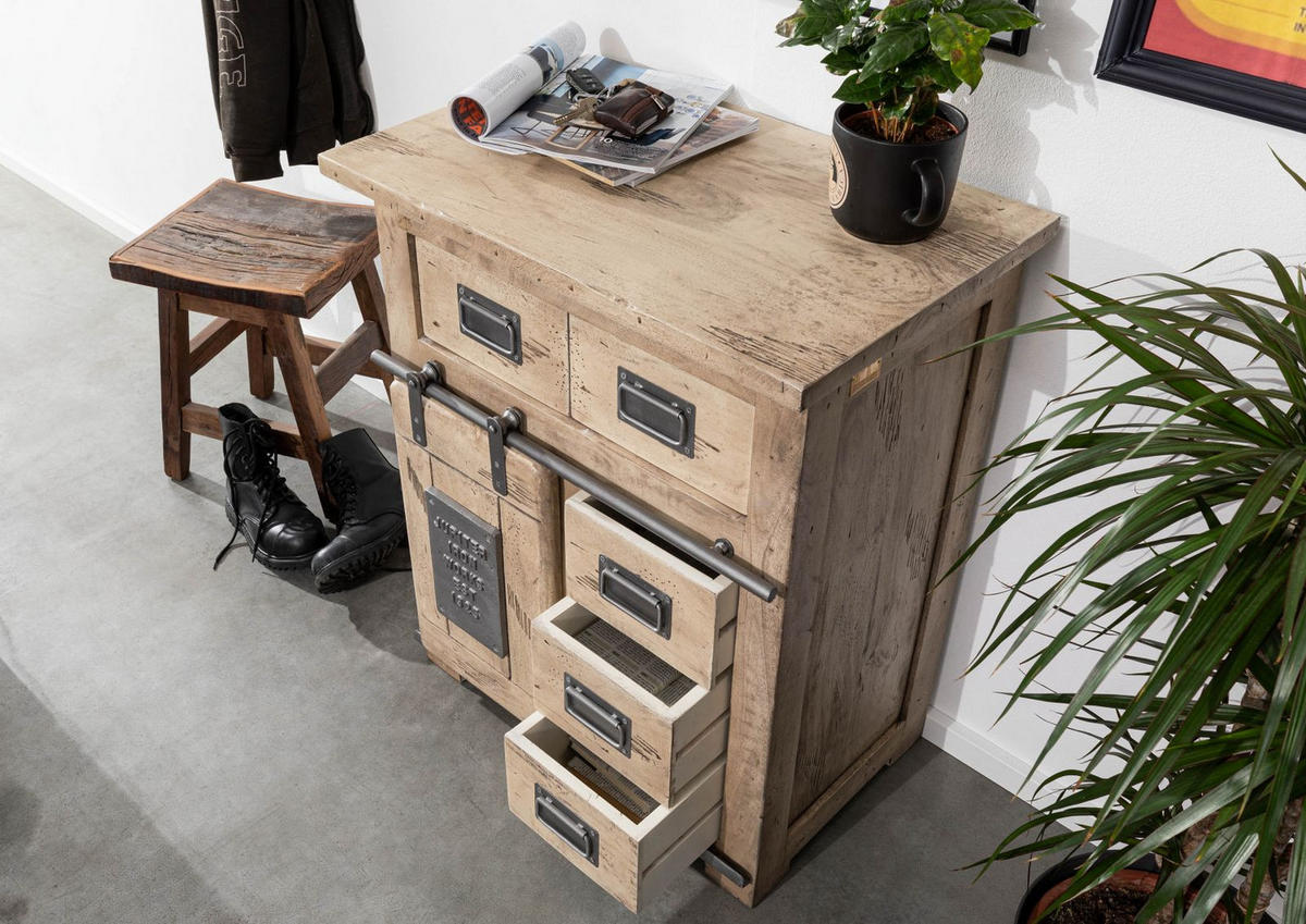 KOMMODE Mango 70x45x85 whitewash lackiert RAILWAY #311 - Beige, Holz (70/85/45cm) - Massivmoebel24