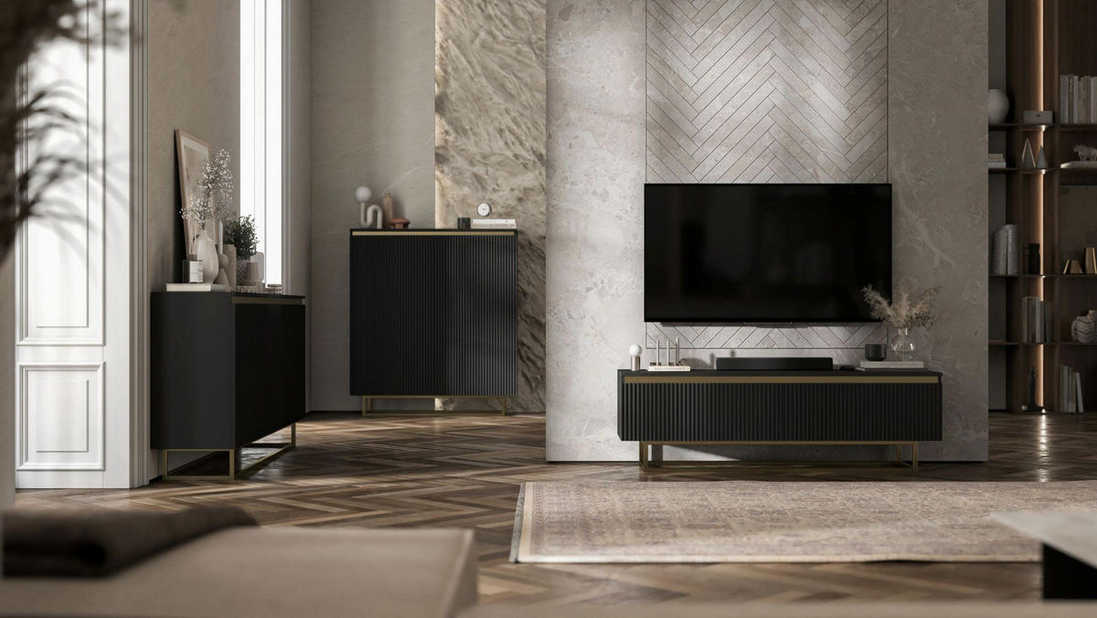 KOMMODE Selene 3D Schwarz Matt mit geriffelten Fronten Glamour 167 cm - Goldfarben/Schwarz, Holzwerkstoff/Metall (167/79/35cm) - Meble Lindner