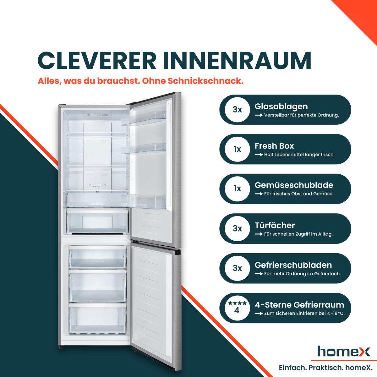 KÜHL-GEFRIER-KOMBINATION, No Frost, freistehend, groß, Kühlschrank mit Gefrierfach - 304 Liter, EEK A, leise 35 dB - Silberfarben, Glas/Kunststoff (59.5/187.3/59cm) - homeX