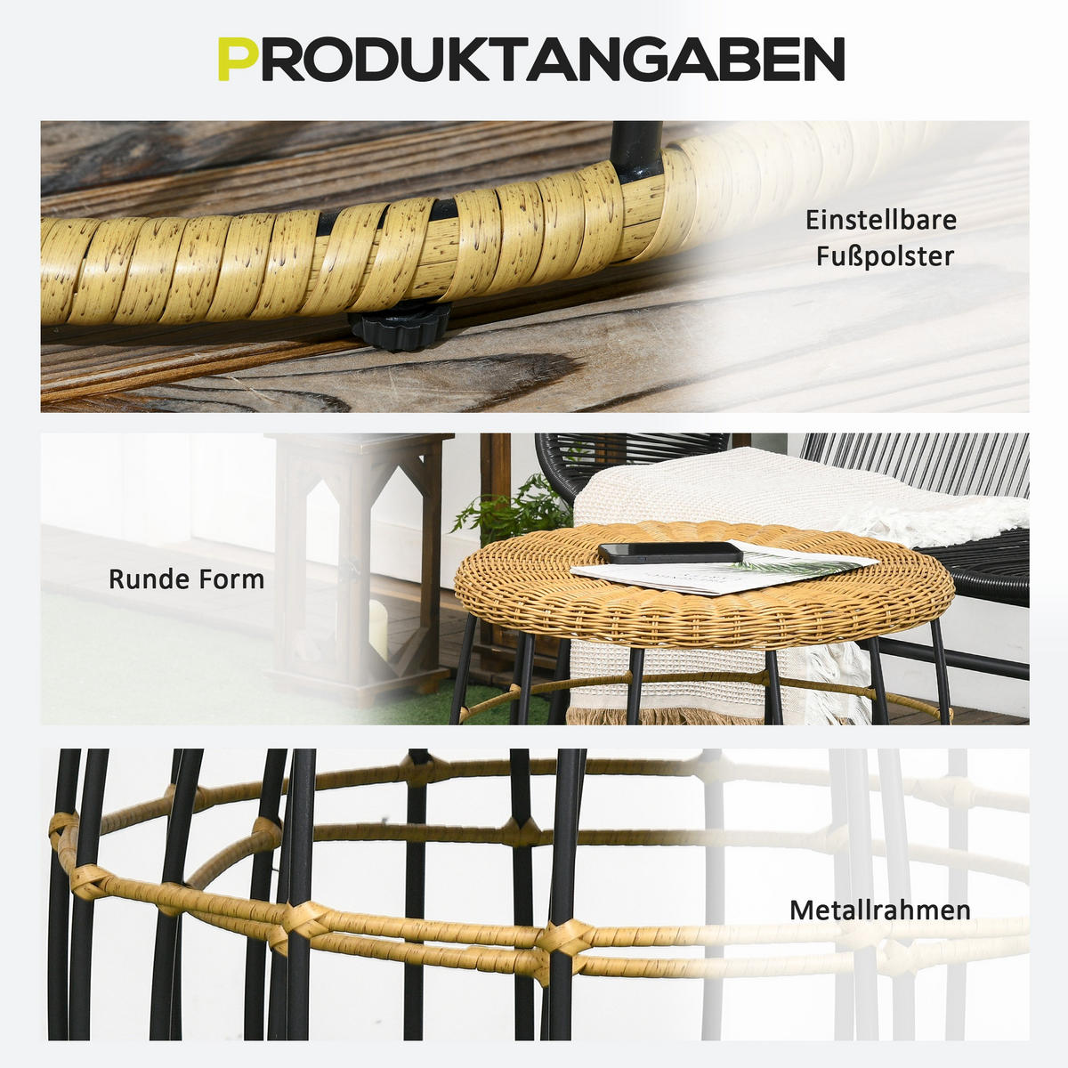 RATTAN Beistelltisch 2er-Set, für Garten, Balkon, Stahl, Khaki - Naturfarben, Kunststoff (58/58/53cm) - Outsunny