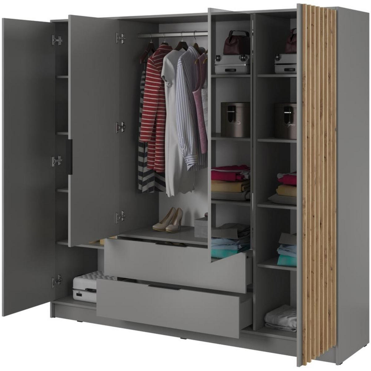 DREHTÜRENSCHRANK Kelly 206/200/51 4-türig grau mit Spiegel - Schwarz/Grau, Holzwerkstoff/Kunststoff (206/200/51cm) - Beautysofa