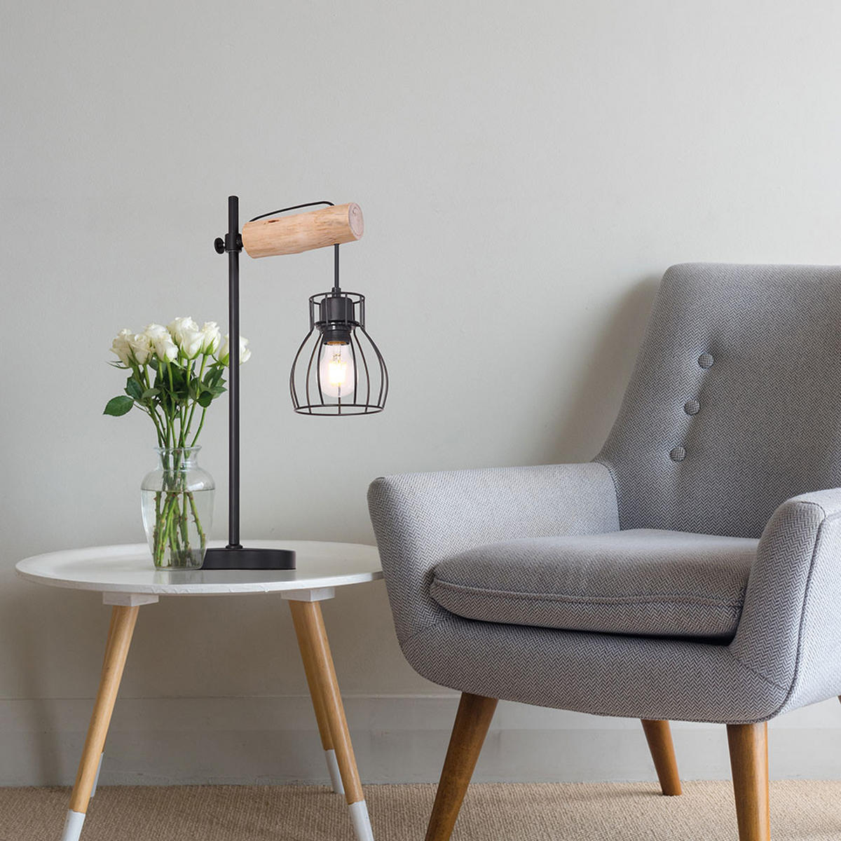 TISCHLEUCHTE Metall Holzoptik Schwarz - Schwarz, Holz (33/18/55cm) - Globo Lighting