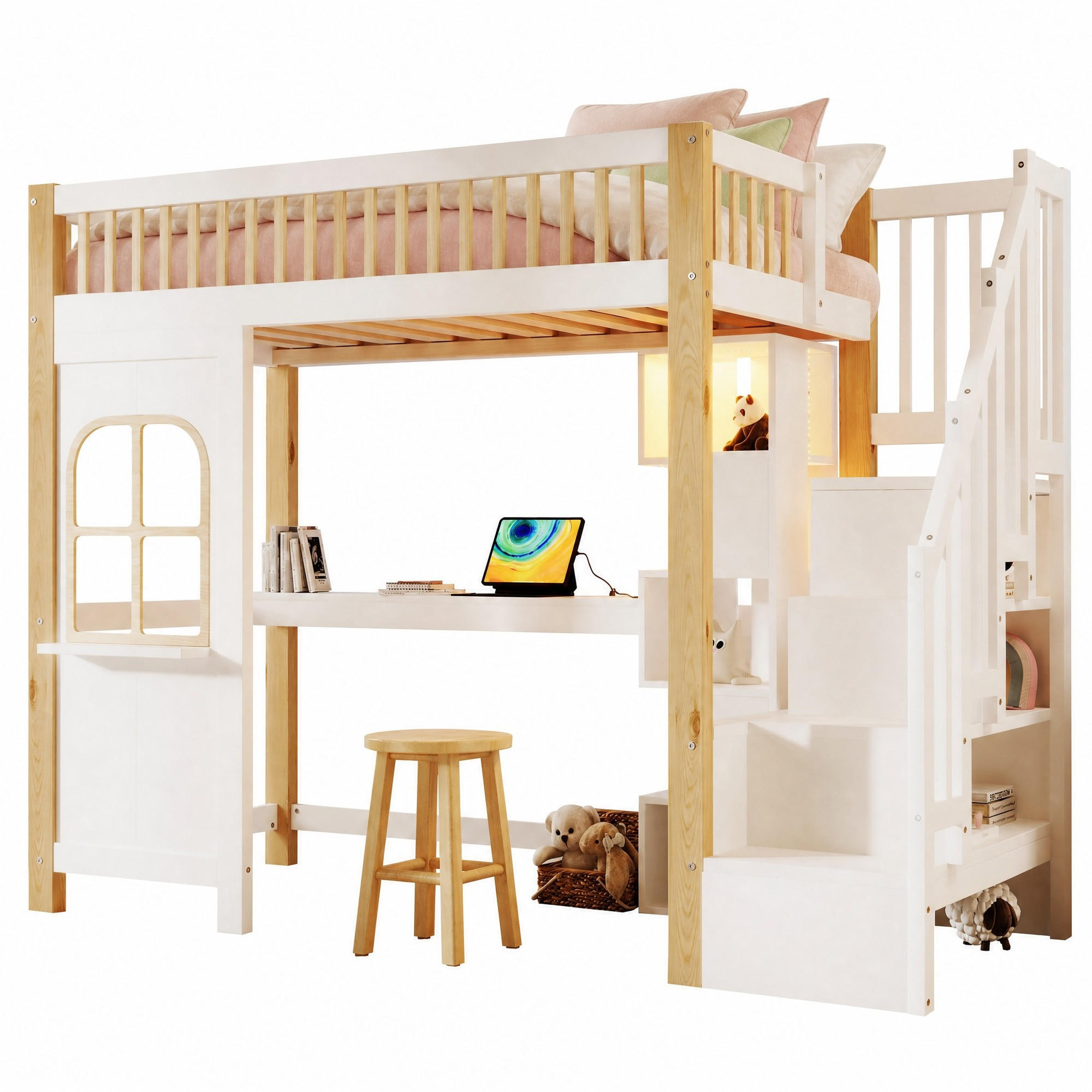 HOCHBETT 90/200 mit LED, Schreibtisch, Ablageleiter und Steckdose in Weiß und Natur - Weiß/Naturfarben, Holz/Holzwerkstoff (90/200cm) - EVRYAE