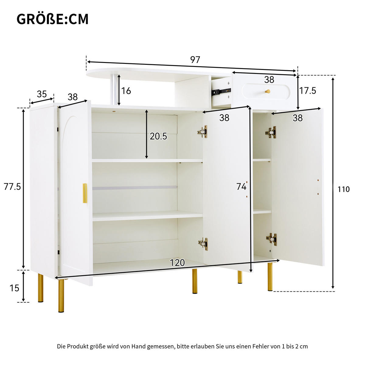 SIDEBOARD in Weiß Schuhschrank mit 3 Türen, 1 Schublade & Metallgriffen, auf Metallfüßen,B120/T35/H92cm - Goldfarben/Weiß, Holzwerkstoff/Metall (120/92/35cm) - STILVORA