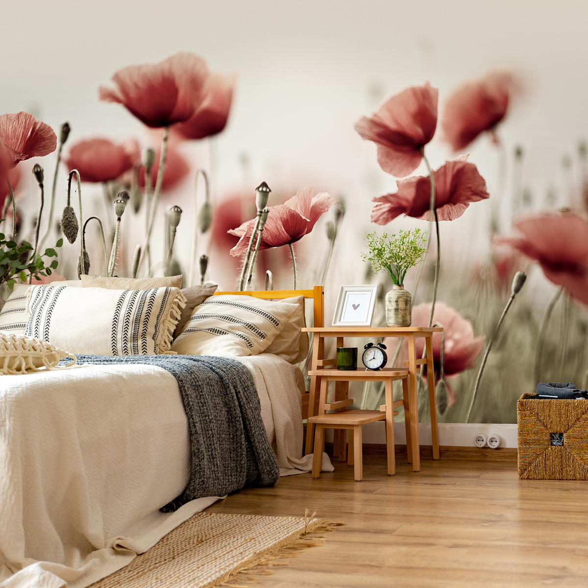 FOTOTAPETE für Wohnzimmer Zarte Mohn Blumen Wiese Rot 250x175 - Beige/Rot, Papier (250/175cm) - Muralo