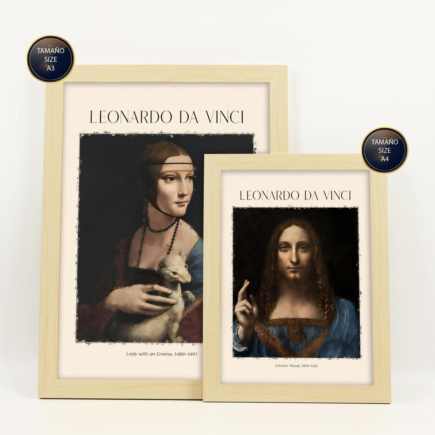 POSTER Set Mit 6 Da Vinci Malergalerie Dekorative Gemälde Für Ihr Wohnzimmer Schlafzimmer Zuhause Wandkunstdrucke A3 & A4 Rahmen Aus Hellem Holz - Beige, Papier (29/3cm) - Nacnic