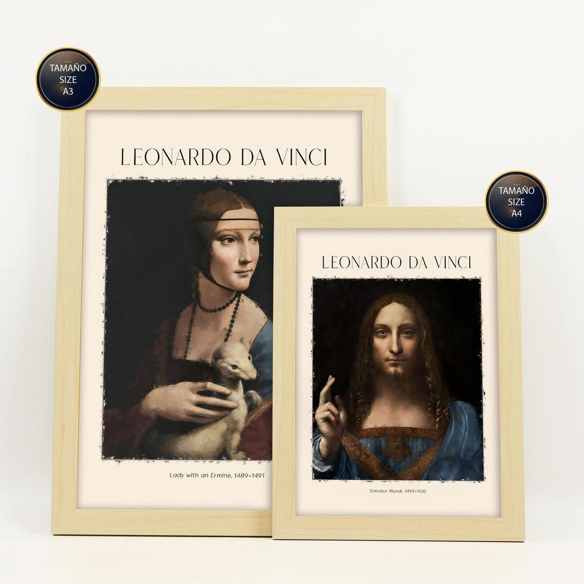 POSTER Set Mit 6 Da Vinci Malergalerie Dekorative Gemälde Für Ihr Wohnzimmer Schlafzimmer Zuhause Wandkunstdrucke A3 & A4 Rahmen Aus Hellem Holz - Beige, Papier (29/3cm) - Nacnic