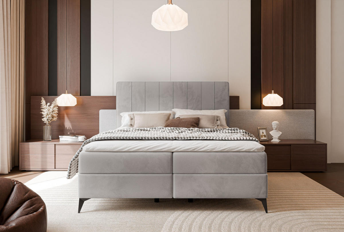 BOXBETT VERA 120x200 cm mit Matratze und Topper, Dichter wasserabweisender Samt Hellgrau - Hellgrau, Textil (120/200cm) - Idohome