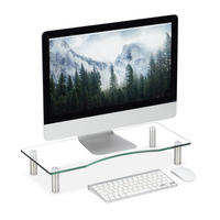 MONITORSTÄNDER Transparent Silber Glas höhenverstellbar - Transparent, Glas/Metall (24/56/11cm) - Relaxdays