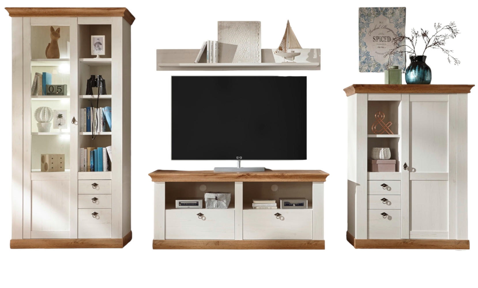 WOHNWAND 4-teilig weiß Pinie, Eiche Wotan 376 cm, Schrankwand im Landhaus-Stil - Silberfarben/Eiche Wotan, Glas/Holzwerkstoff (376/204/52cm) - Furn.Design