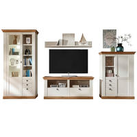 WOHNWAND 4-teilig weiß Pinie, Eiche Wotan 376 cm, Schrankwand im Landhaus-Stil - Silberfarben/Eiche Wotan, Glas/Holzwerkstoff (376/204/52cm) - Furn.Design