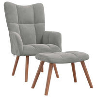 SESSEL mit Hocker, Holzbeine 61,5/69/95,5 cm aus Samt Hellgrau - Hellgrau/Braun, Holz/Textil (61.5/95.5/69cm) - vidaXL