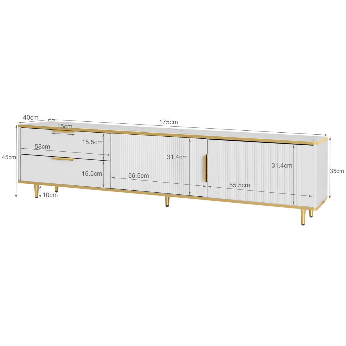 TV-SCHRANK in Weiß und Gold mit 2 Schubladen und 2 Türen 175/40/45 cm - Weiß, Holzwerkstoff (175/45/40cm) - Redom