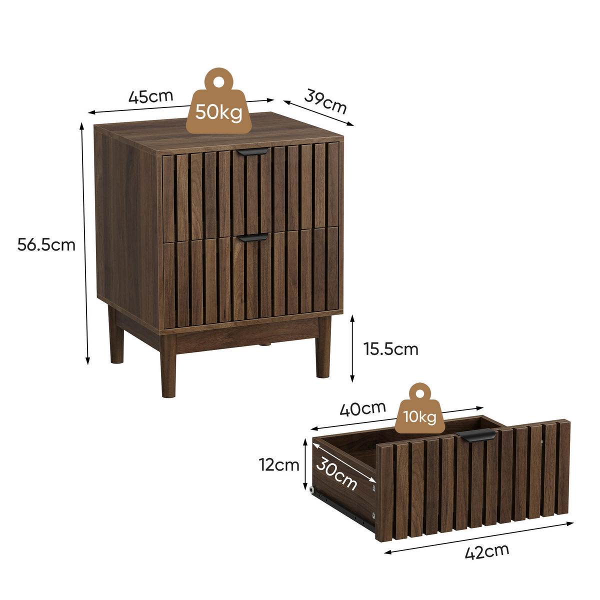 NACHTTISCH aus MDF und Holzwerkstoff 45x39x56,5 cm Walnuss mit 2 Schubladen und offenem Fach im Lattenrost-Design - Walnussfarben, Holzwerkstoff (45/56.5/39cm) - Modfu