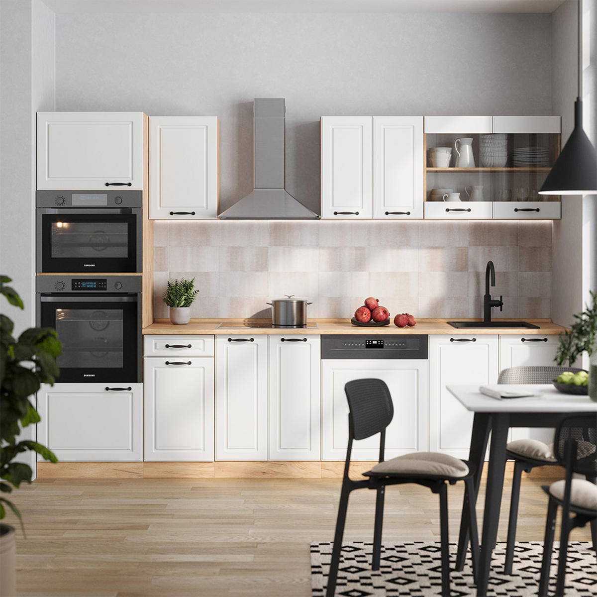 KÜCHENZEILE R-Line Weiß Landhaus/Goldkraft Eiche 300 cm mit Hochschrank, ohne Arbeitsplatte - Honigeiche/Weiß, Holzwerkstoff (300/81.6/46cm) - Vicco