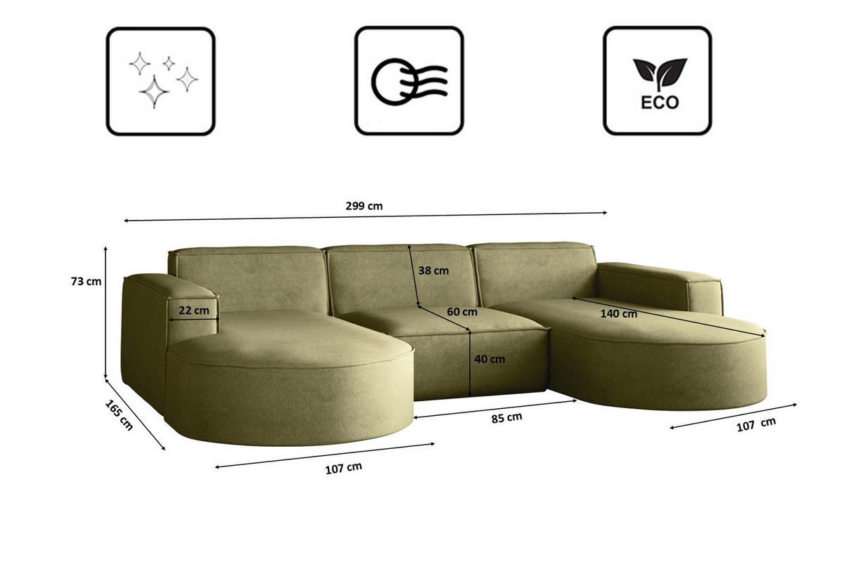 ECKSOFA Modena U-Form Elegant und Moderne Stoff Salvador Olive - Olivgrün, Holz/Textil (299/165cm) - Kaiser Möbel