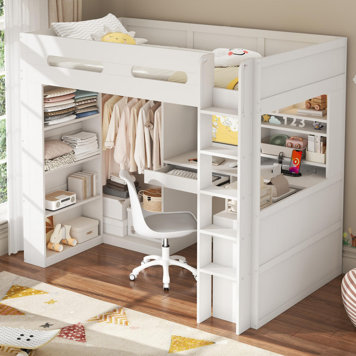 HOCHBETT 90/200 cm in Weiß mit Schublade, Regalböden, Kleiderschrank, Schreibtisch, LED und USB aus Kiefernholz und MDF - Weiß, Holzwerkstoff (90/200cm) - STILVORA