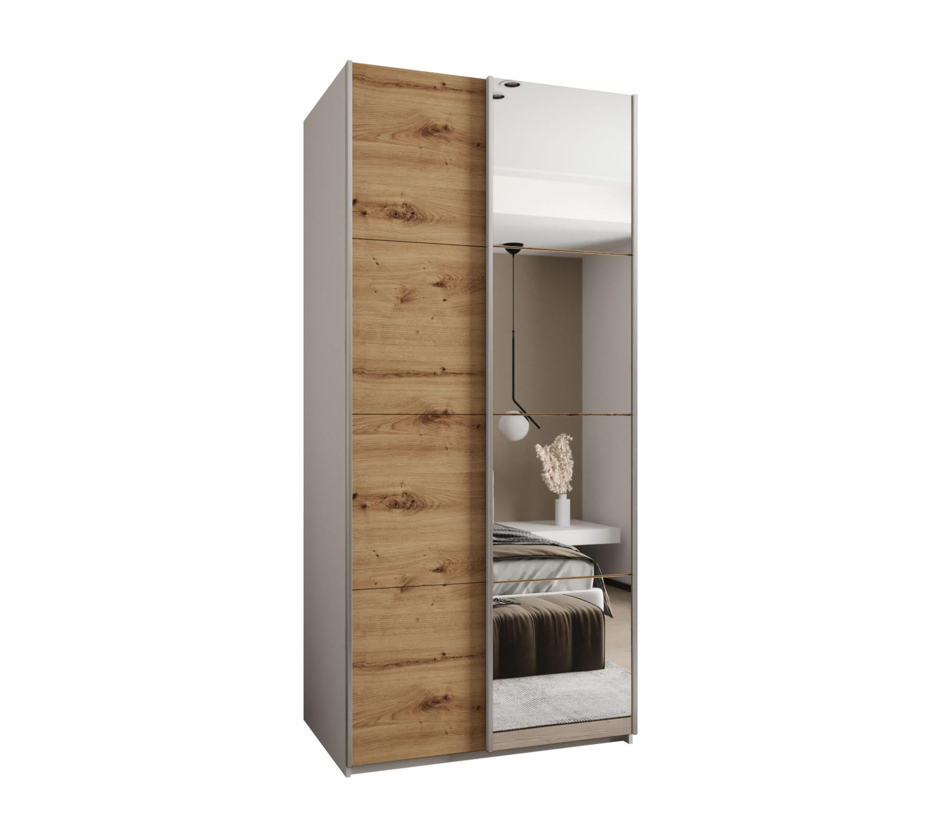 Abiks Möbel SCHWEBETÜRENSCHRANK Weiß, Eiche Artisan, Silber 120cm × 64cm × 245cm