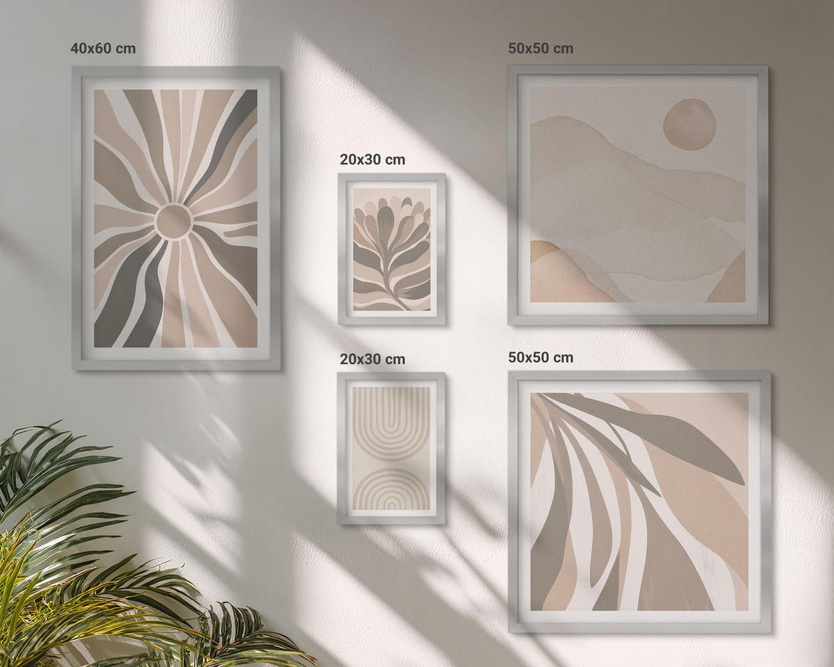 BILDER SET 5er Set - 50x50 cm & 20x30 cm & 40x60 cm Silberner Rahmen - Abstrakte Pflanzenmuster - Silberfarben, Kunststoff (40/60cm) - TULUP