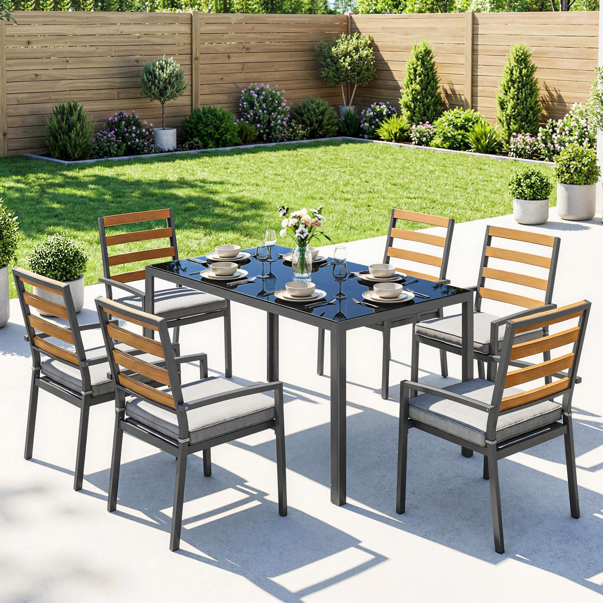 GARTEN-ESSSET 7-teilig,Tisch+Stühle für 6 Personen,schwarz - Grau, Metall - Vallsero