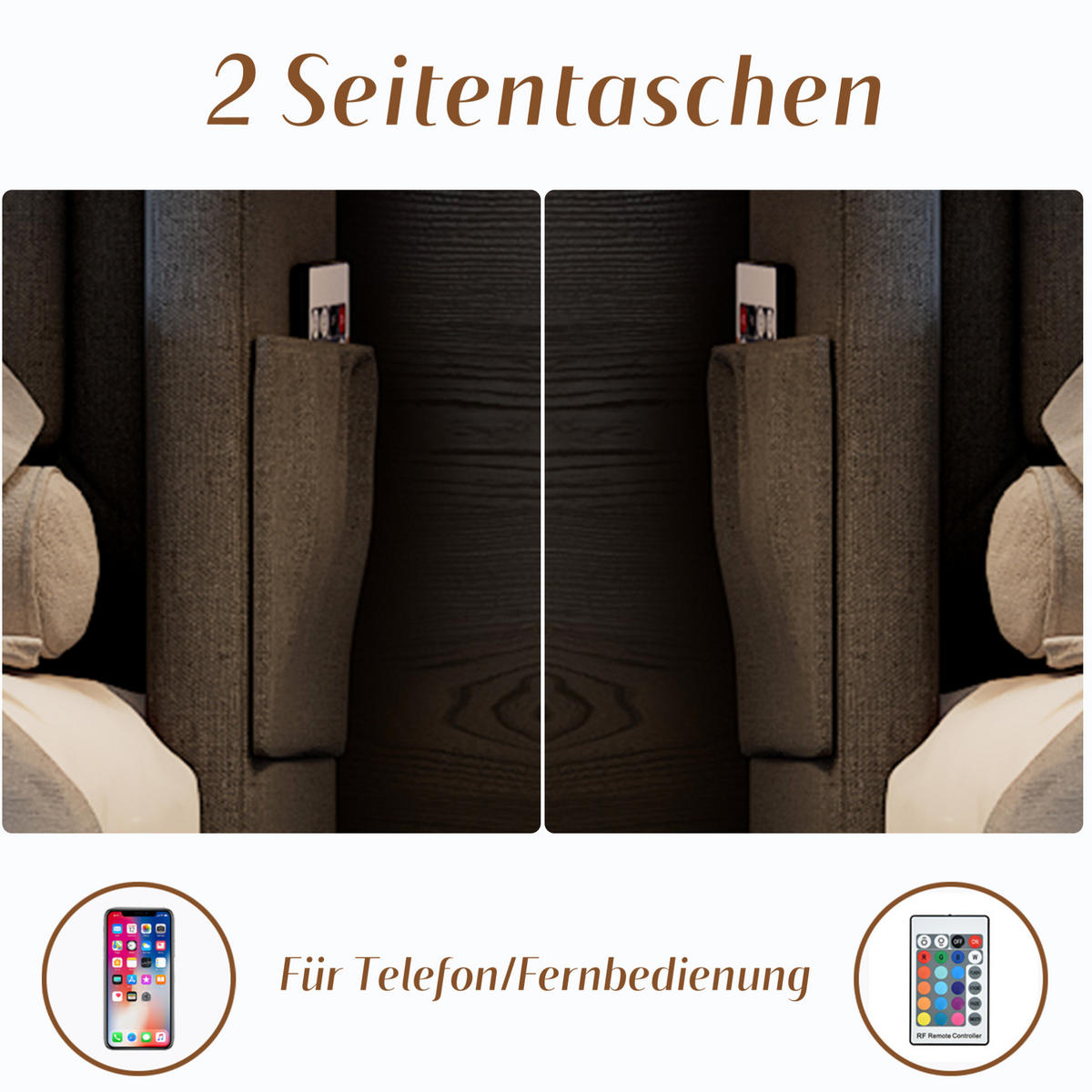 POLSTERBETT 160/200 cm aus Baumwoll-Leinenstoff mit LED, USB-C, Steckdosen, 4 Schubladen und Matratze, Grau - Grau, Textil (160/200cm) - Redom