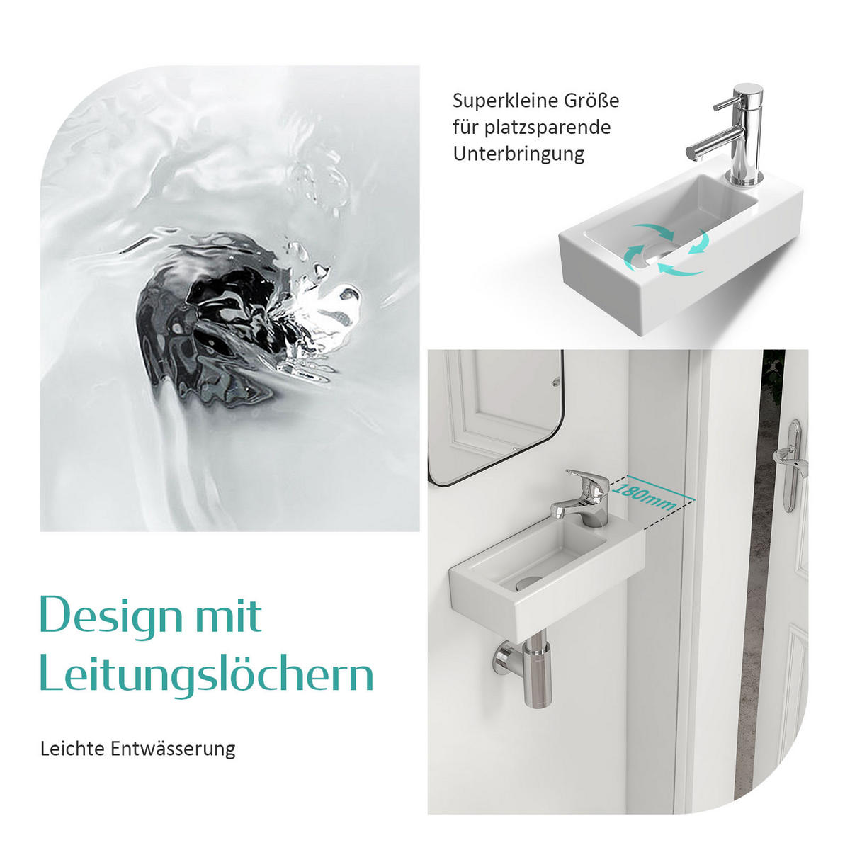 WASCHBECKEN Rechteckig Mit Hahnloch rechts Weiß 36,5 / 18 / 9 cm - Weiß, Keramik (18/9/36.5cm) - EMKE