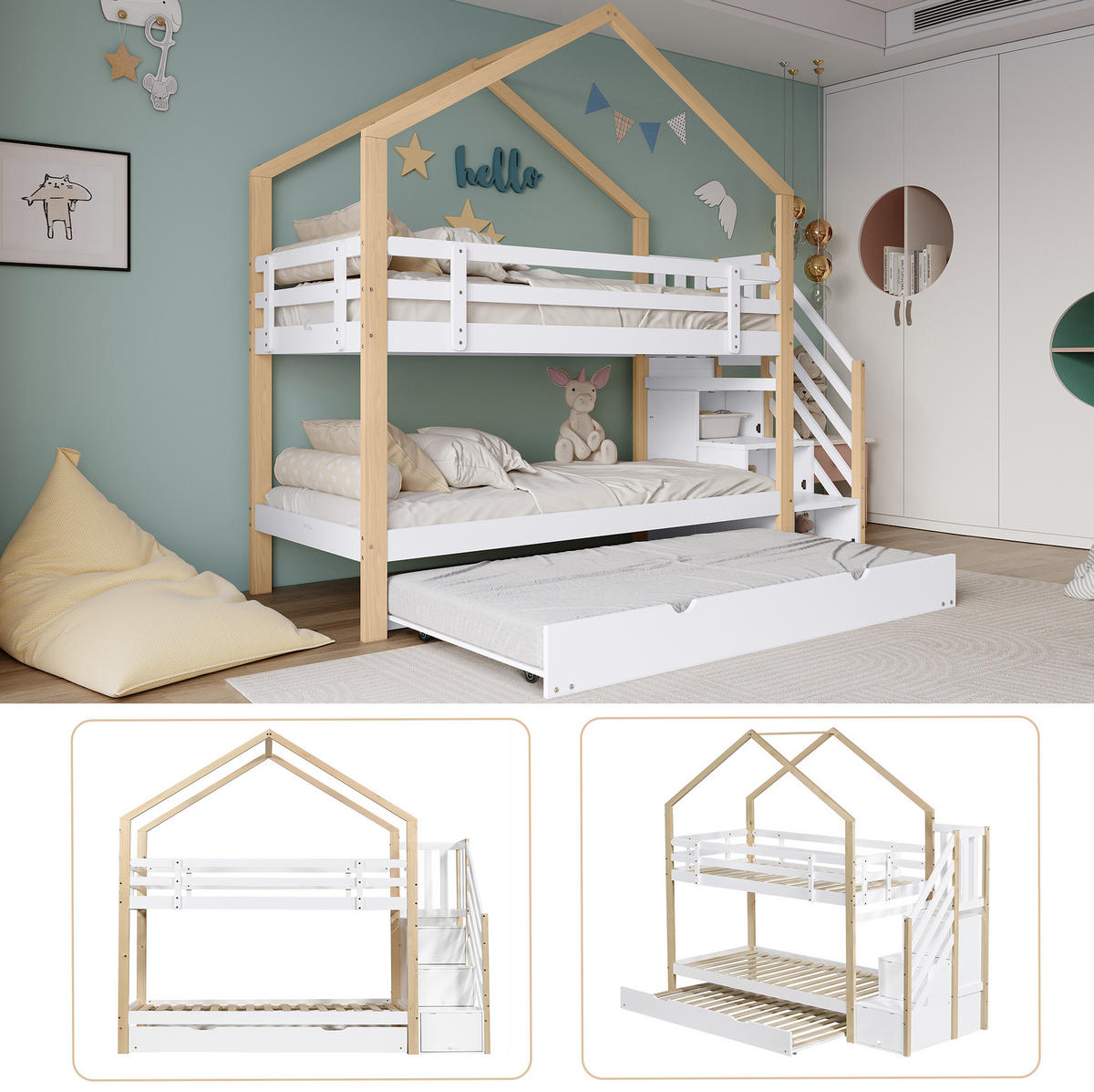 ETAGENBETT 90/200 & 90/190 cm mit Ausziehbett, Treppe mit 4 Schubladen und Absturzsicherung, Natur/Weiß - Weiß, Holz (90/200cm) - Redom