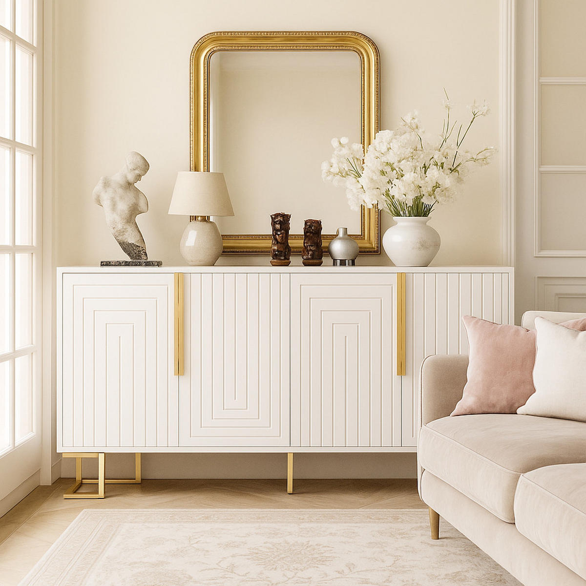 SIDEBOARD mit 3 Türen und Goldenen Akzenten Weiß - Weiß, Holzwerkstoff/Metall (152/75/40cm) - Urban Meuble