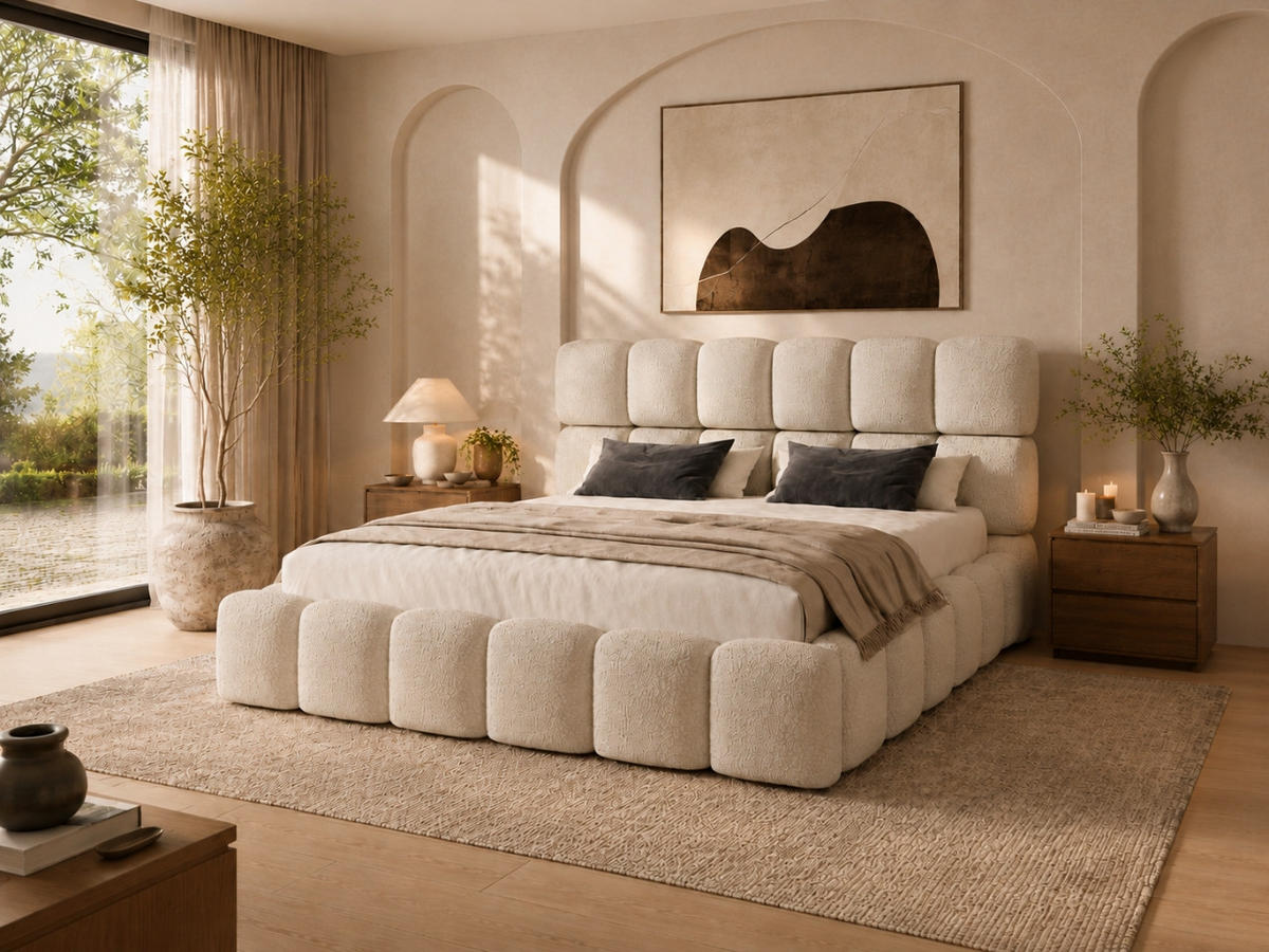 POLSTERBETT TESSA 140x200 cm in Beige, gepolstertes Kopfteil, Metalllattenrost, Bettkasten, Bouclé-Stoff - Beige, Holz/Textil (140/200cm) - EMLAR Home