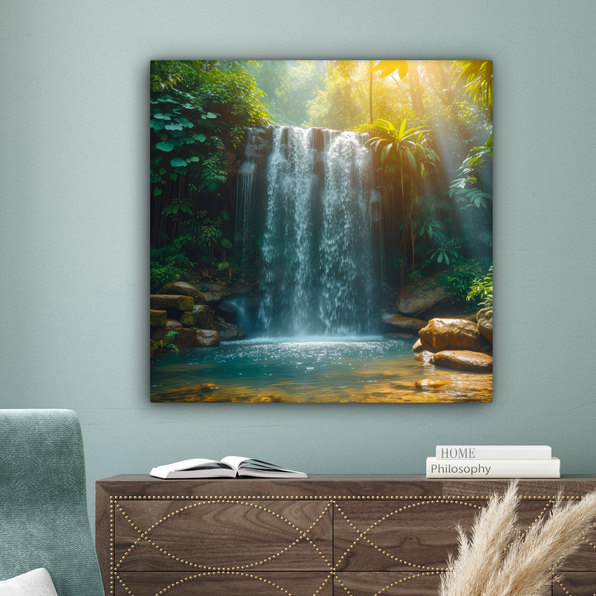 LEINWANDBILD Wasserfall - Dschungel - Sonne - Grün - Natur Deko Groß 90x90 cm - Grün, Textil (90/90cm) - MuchoWow