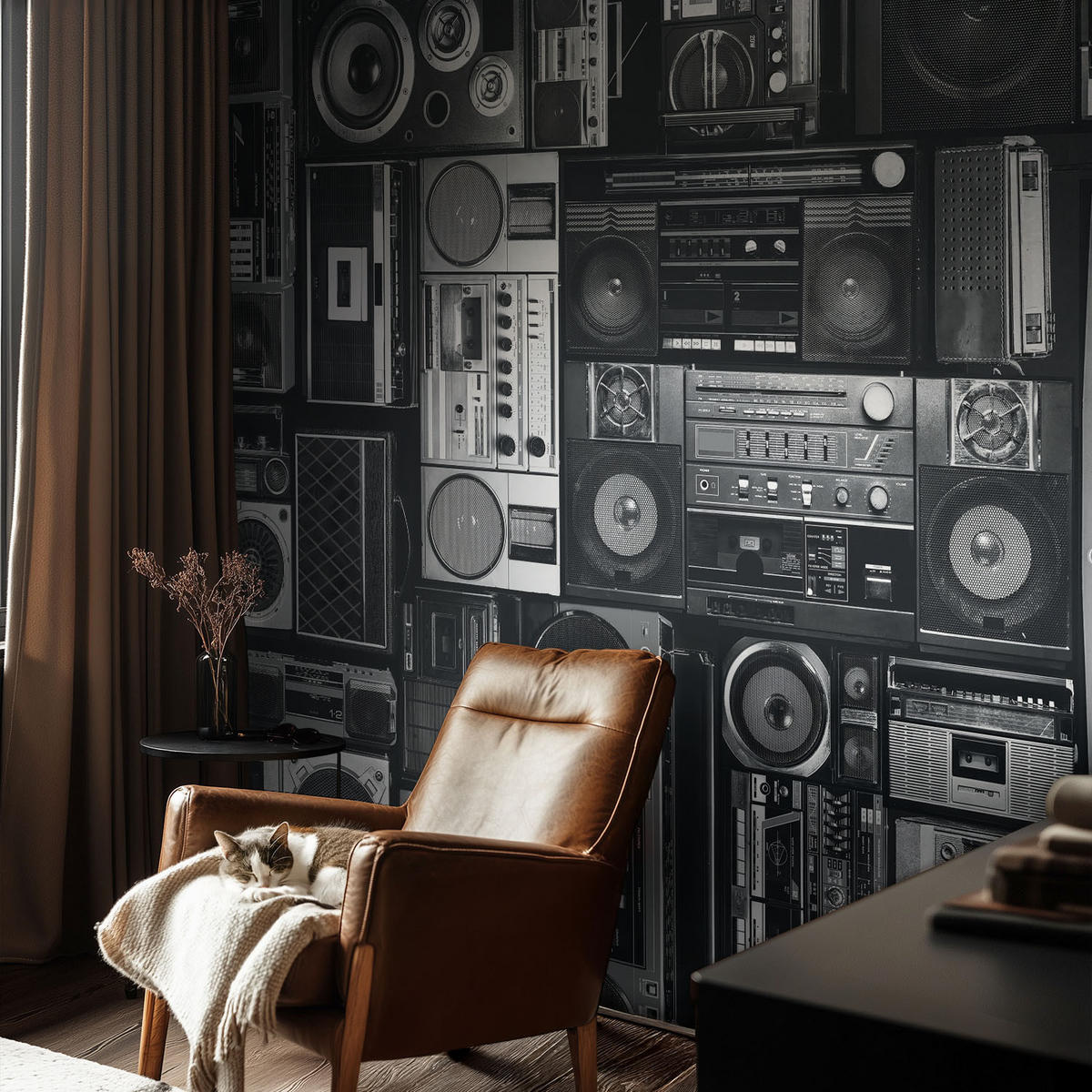 FOTOTAPETE 104x70 cm - Retro-Radio - Schwarz, Textil (104/70cm) - Wallfluent