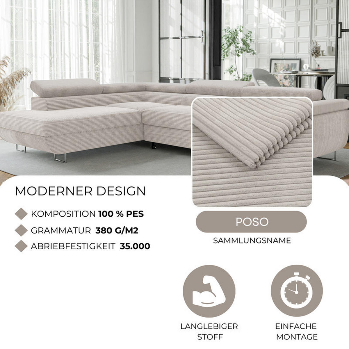 ECKSOFA ANTON mit Schlaffunktion und Bettkasten Creme - Creme, Holzwerkstoff/Kunststoff (274/203cm) - Idohome