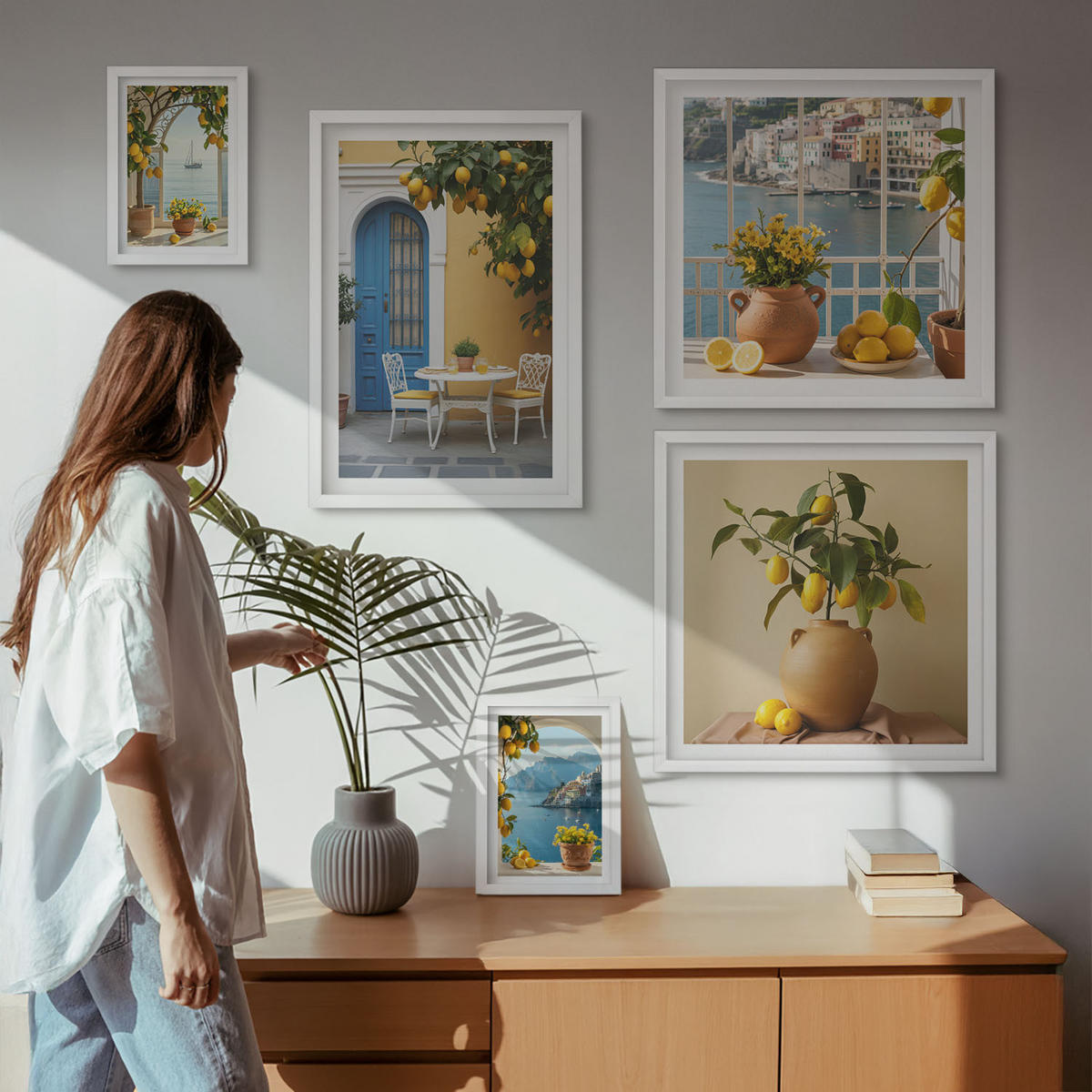 BILDER SET 5er Set - 50x50 cm & 20x30 cm & 40x60 cm Weißer Rahmen - Meereslandschaften, Zitronen, Fenster - Weiß, Kunststoff (40/60cm) - TULUP